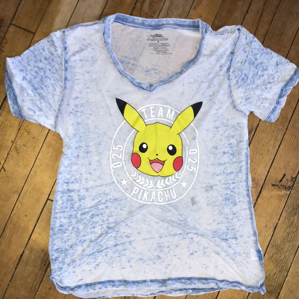 Pokemon Pikachu Team Kids Graphic Tee Light Blue Acid‎ Wash Shirt Small 8